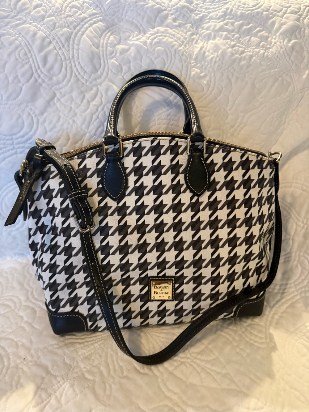 Dooney & Bourke Black and White Houndstooth Satchel with Gold Hardware